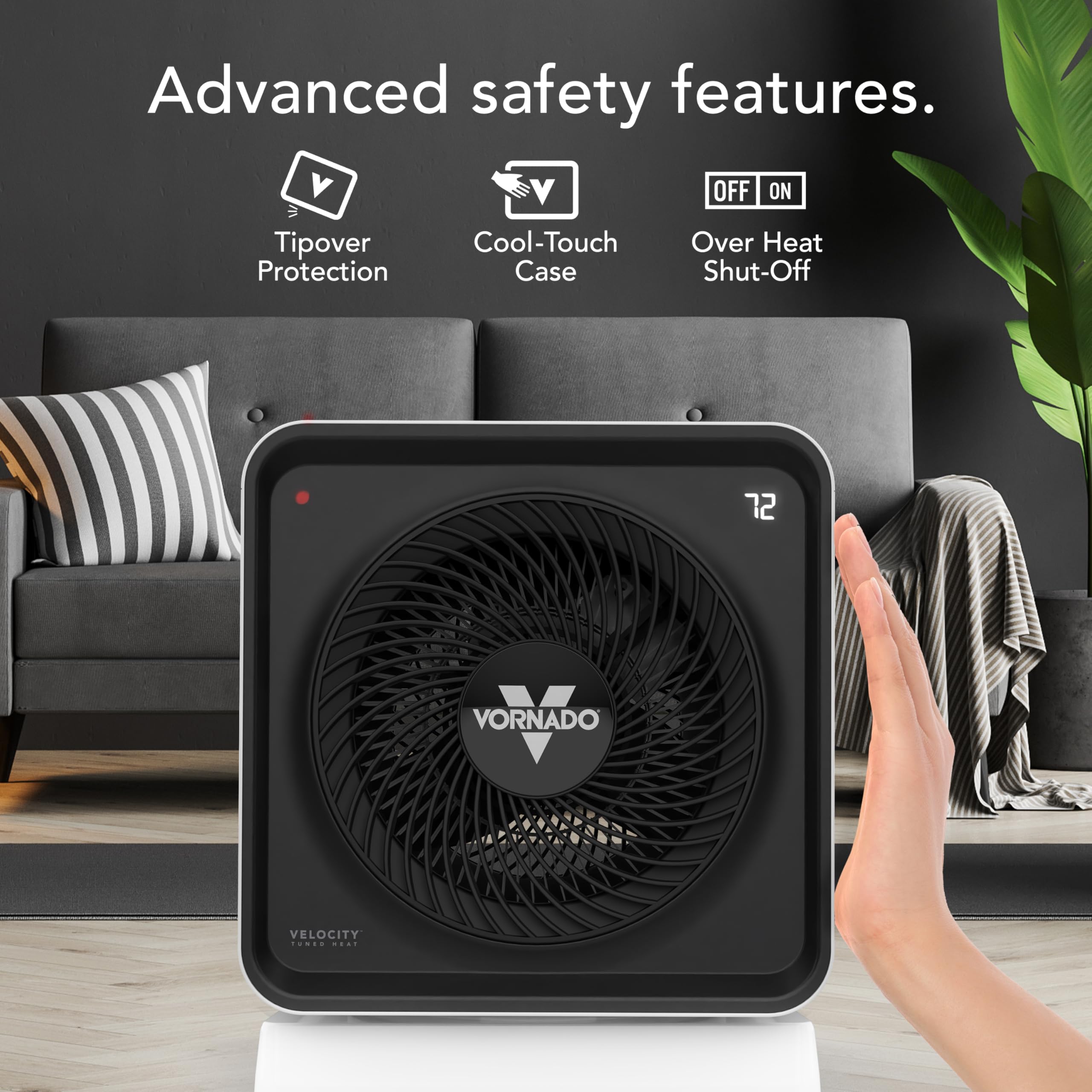Vornado Velocity CUBE 5 OSC Whole Room Space Heater with 70º Oscillation, Remote Control, Vortex Heat Circulation, LED Touch Controls, 1-12 Hour Timer, Advanced Safety, Auto-Climate Control, White - Image 5